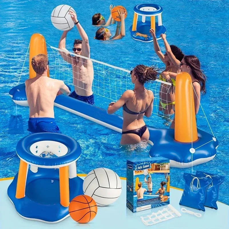 Juego de Balsas Inflables Grandes para Piscina con Red de Voleibol, Aro de Baloncesto, Juegos Acuáticos Flotantes para Adultos, Juguetes de Playa para Fiestas de Verano