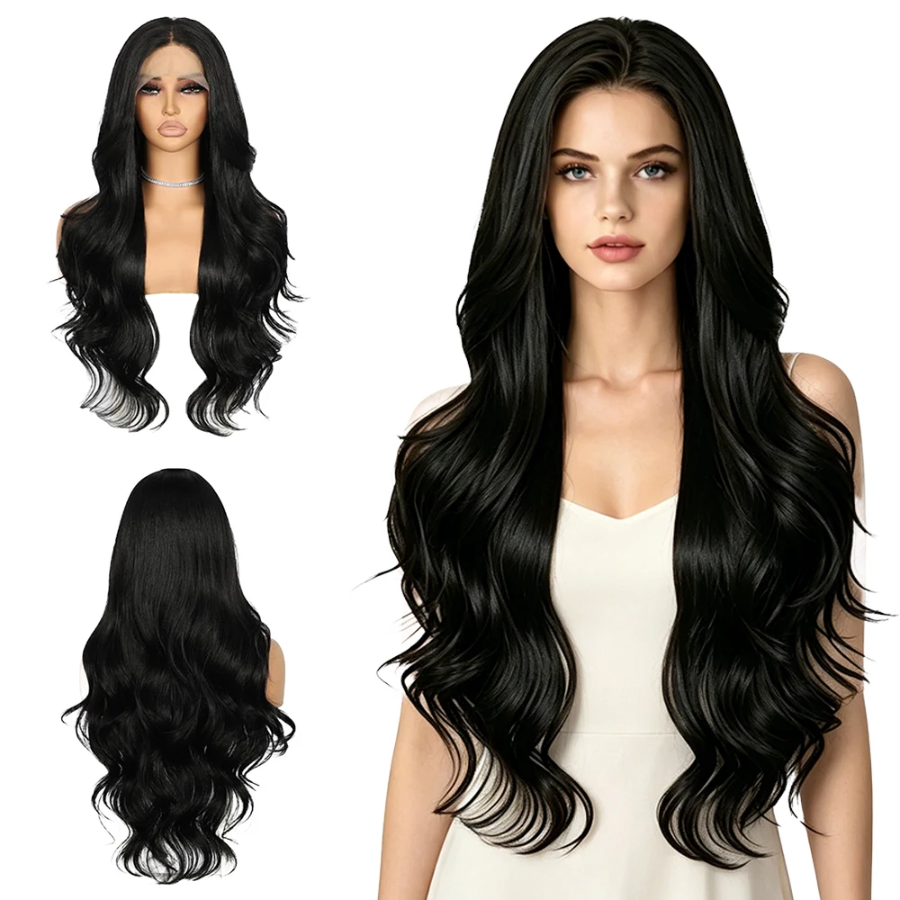 1b--parrucca-nera-13x4-hd-con-pizzo-frontale-lunga-ondulata-resistente-al-calore-sintetica-senza-colla-dall'aspetto-naturale-per-donne-feste-e-cosplay
