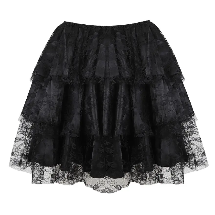 Women Gothic Sexy Floral Lace Mesh Tulle Mini Pleated Skirt Showgirl Fashion Party Dance Skirts Layered Ruffled Plus Size S-6XL