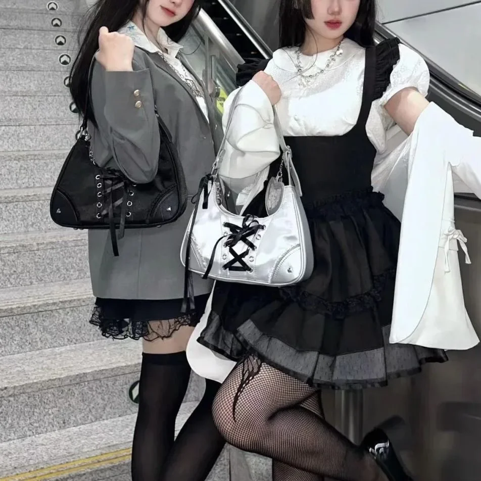 Tas Ita Hitam Gotik dengan Pesona Hati, Tas Bahu Tampilan Jendela Bening untuk Pin Anime, Gantungan Kunci, Hadiah Otaku