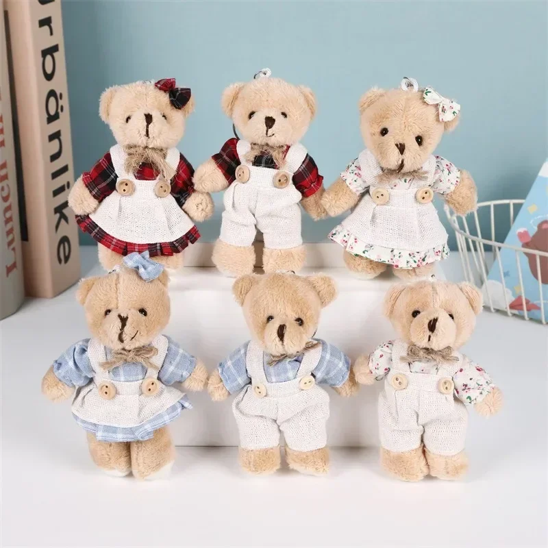 11cm Little Bear Plush Stuffed Toys Cute Wear Clothes Couple Cartoon Bear Keychain Doll Backpack Car Bag Wedding Decor Kid Gift