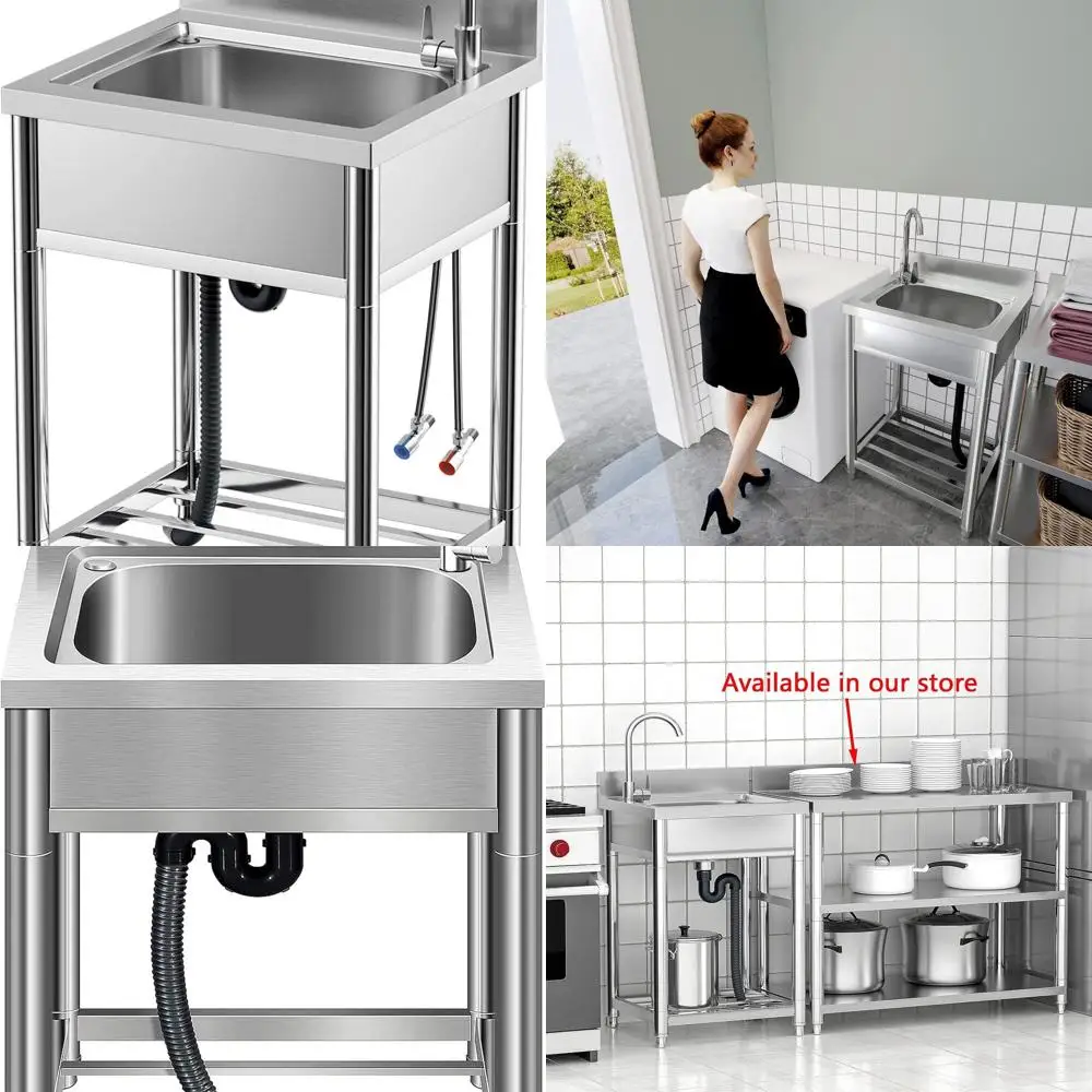 

Stainless Steel Single Bowl Sink Set for Commercial Kitchens with Faucet, Prep Basin, and Storage Shelf, Suitable for Indoor and
