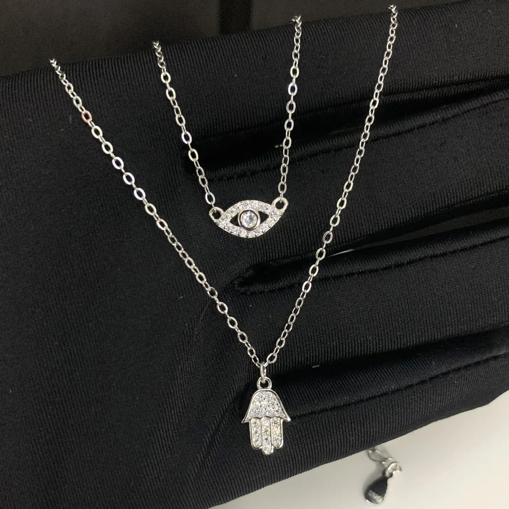

925 sterling silver micro pave clear cz evil eye hand hamsa charm double layer chain choker necklace for women gift jewelry