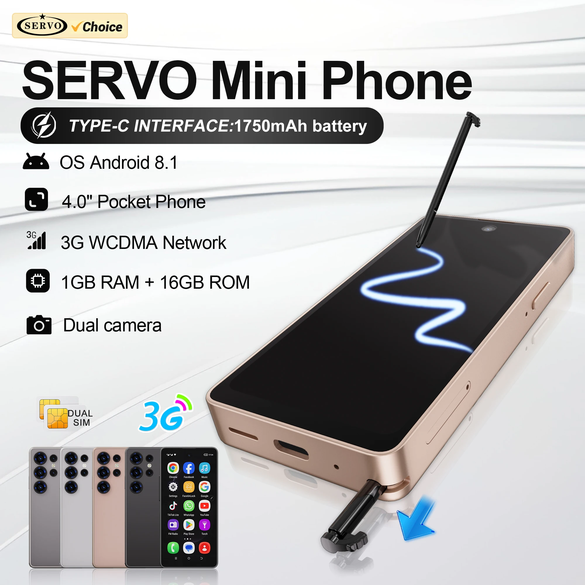 2026 SERVO 3G WCDMA Mini Android Smartphone with Stylus WhatsAPP Google Play Face Unlock WiFi Dual SIM 4.0