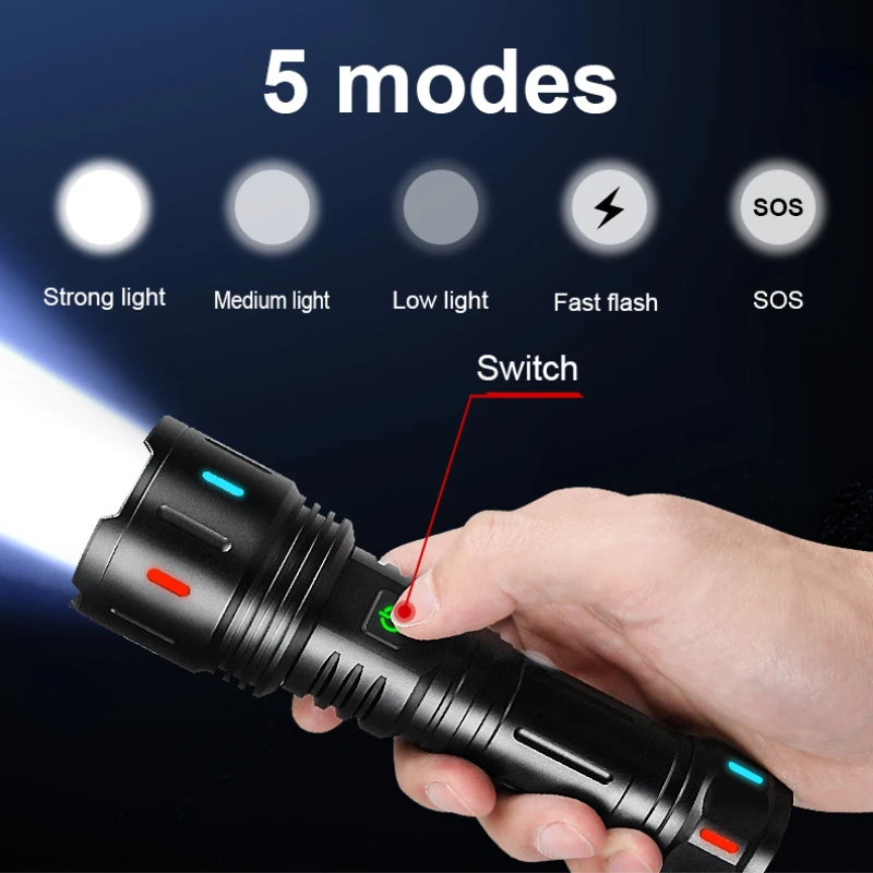 Powerful Tactical Led Flashlight Type C Rechargeable Camping Long Shot Hunting Lantern Waterproof Hand Lamp