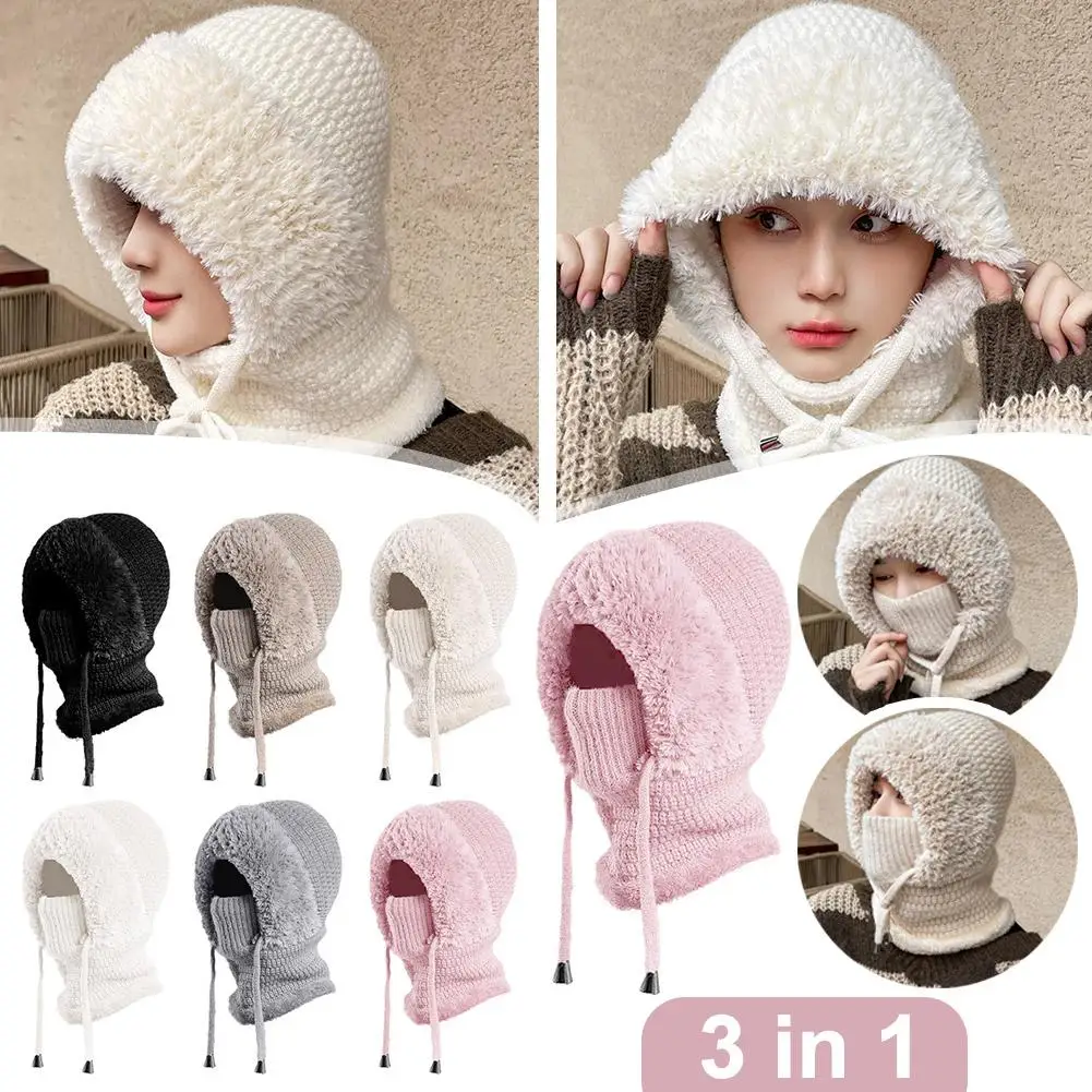 Women Winter Velvet Knitted Woolen Balaclava Hat Ear Protection fluffy Hat Mask Neck Integrated Warmth Cover Hat lady hooded cap