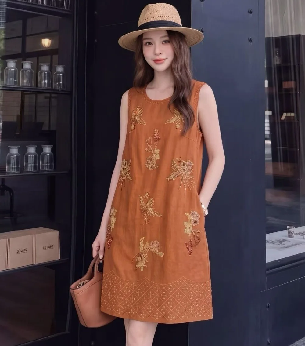 100%Linen Dress 2026 Summer Fashion Style Women Luxurious Embroidery Beading Pocket Patchwork Blue Orange White Dress Above Knee