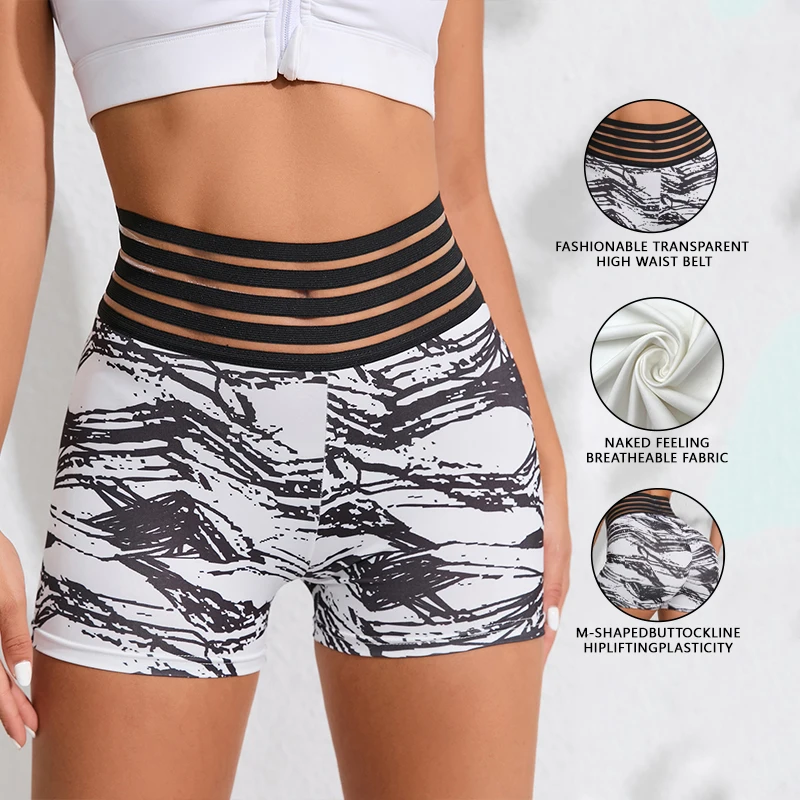 

Women Abstract Print High Waist Yoga Shorts with Striped Band Push Up Hip Lifting Naked Feeling Breathable Fitness Shorts