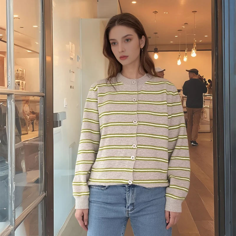 

European and American Color-Block Striped Knitted Cardigan Round Neck Fashion Street Casual Sweater