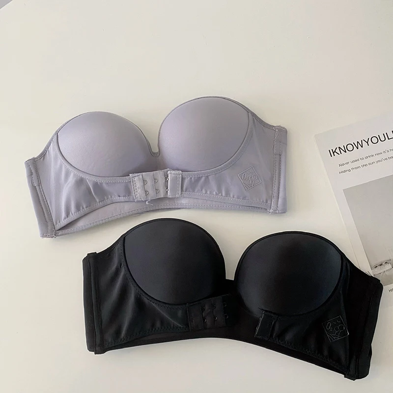 BANNIROU Strapless Front Buckle Bra For Woman Solid Soft Lingerie Wire Free Sexy Underwear Lady Push Up Strapless Bras Female