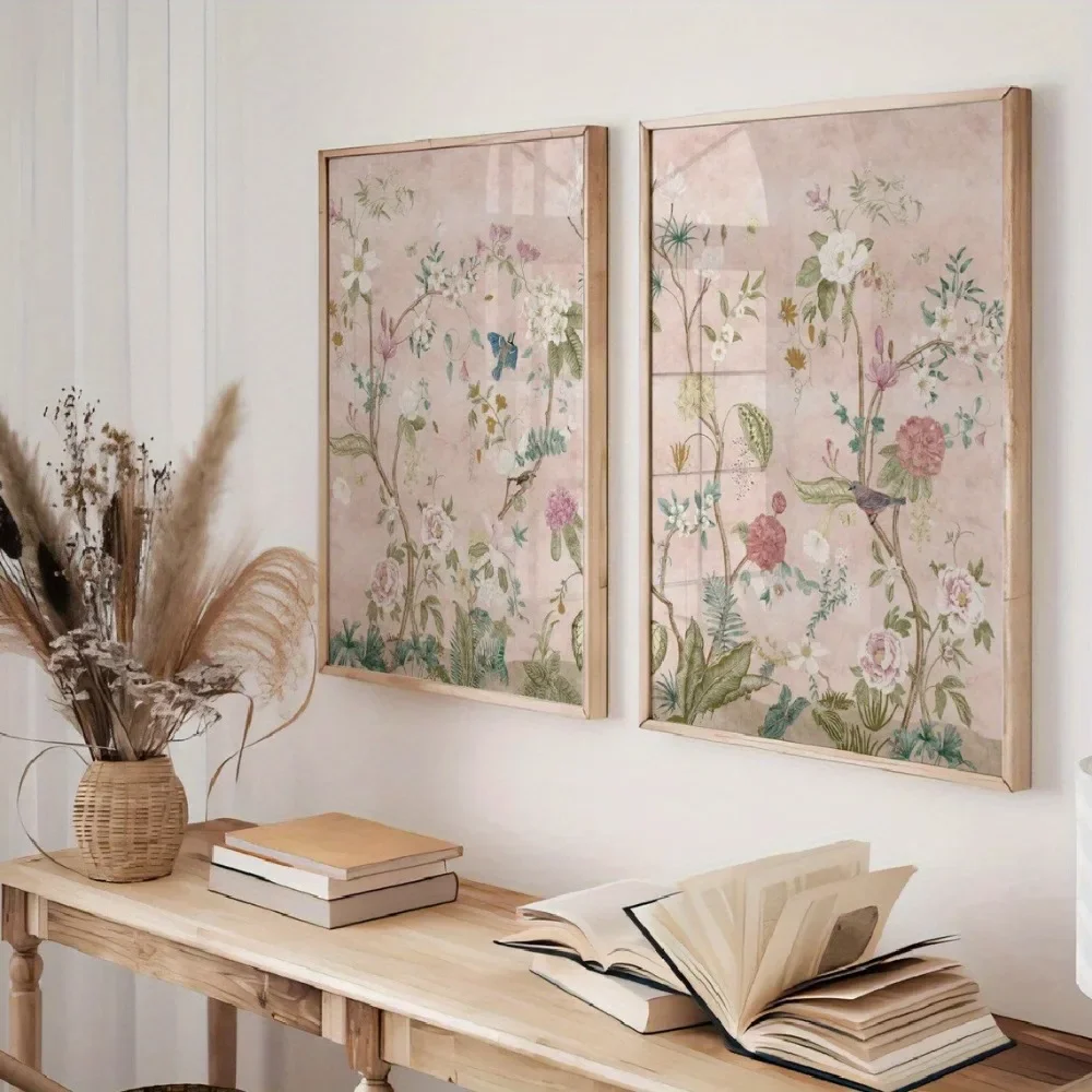 2pcs frameless Canvas Painting 2D Flat, Fashionable Poster, Pink Chinese Pattern with Birds and Flowers, Ideal Living Room Decor