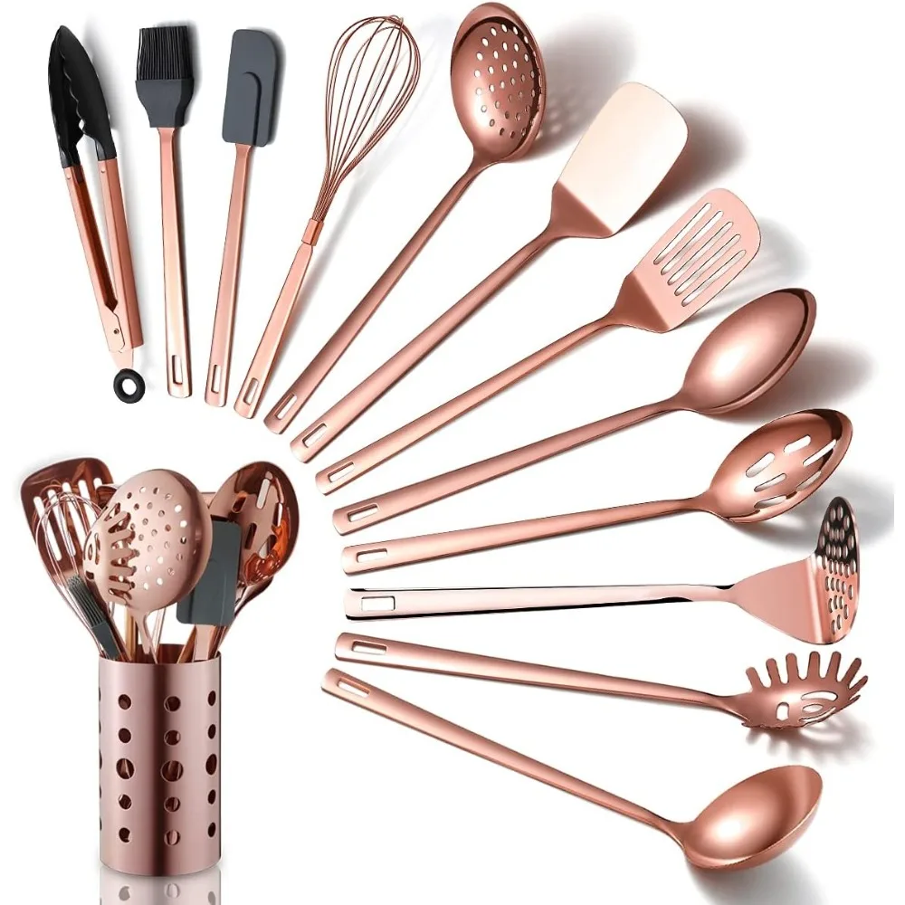 13 Pcs Stainless Steel Cooking Utensils Set with Titanium Rose Gold Plating,Kitchen Tools Set with Utensil Holder for Non-Stick