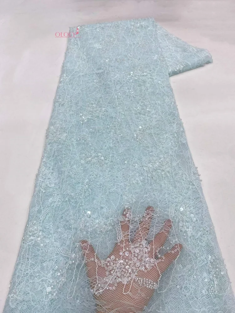 OLOEY 5 yardas de tela de encaje bordado africano con lentejuelas y diseño de cuentas francesas nigerianas para costura de vestidos de novia