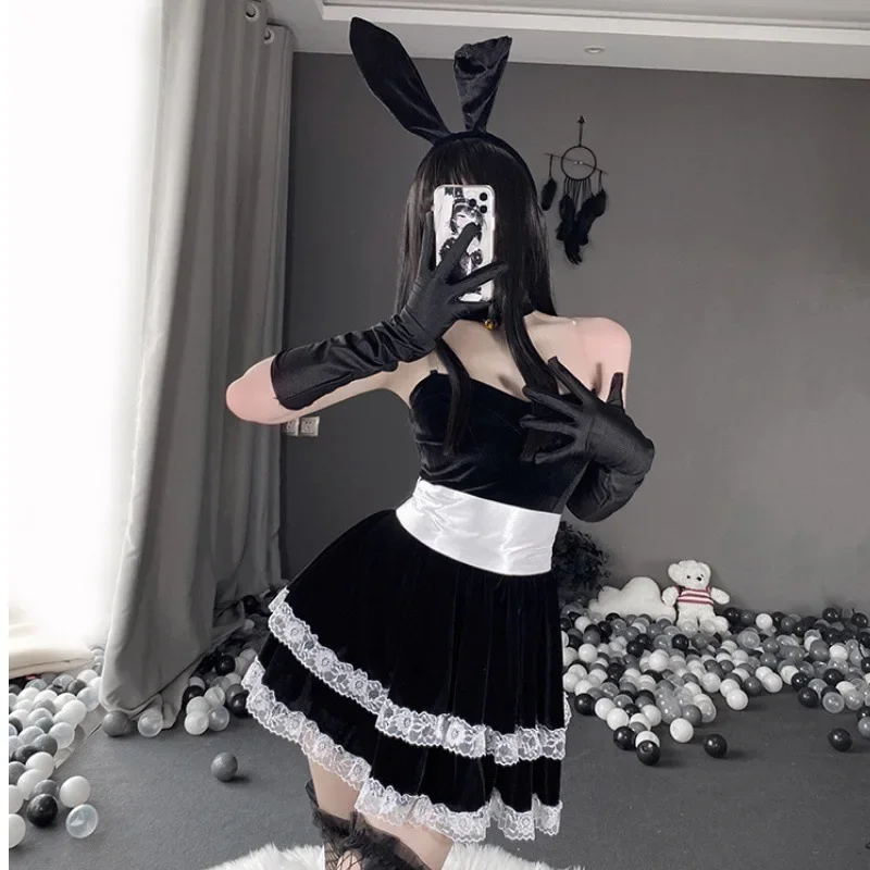 Kerstjurk Sexy Zwart-wit Bunny Cosplay Kerstjurk Korte Zwarte Kostuumriem met Handschoenhals Tiara Halloween