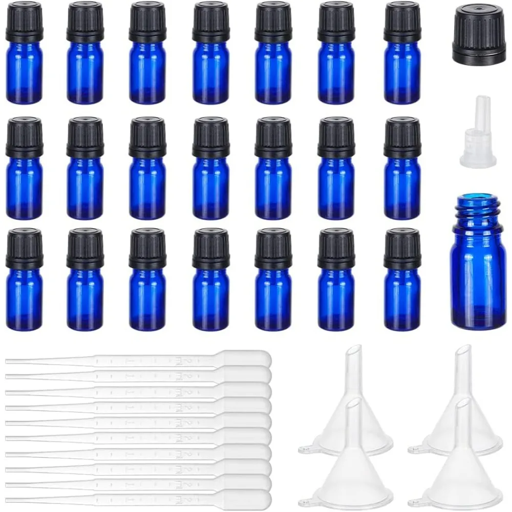 24Pcs Essential Oil Glass Bottles 5ml Blue Essential Bottle with 10 Droppers and 4 Funnels Essential Balm Bottle