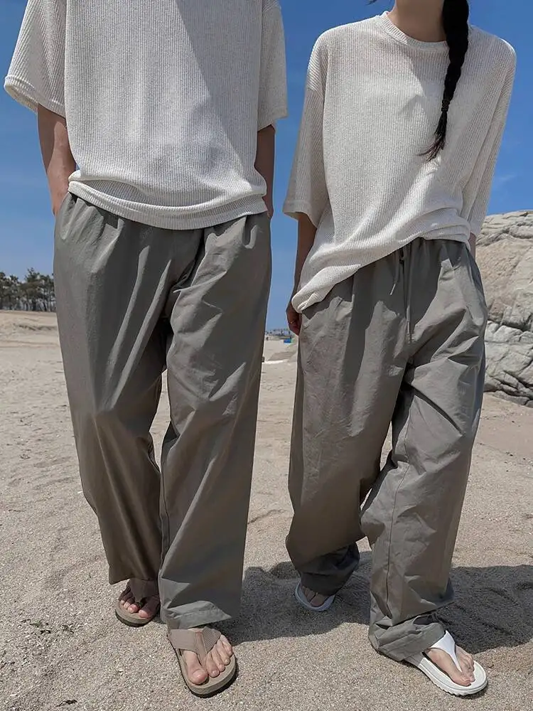 

SYUHGFA 2025 Summer Elastic Waist Men's Wear Straight Trousers Solid Color Casual Menswear Loose Cleanfit Wide Leg Male Pants