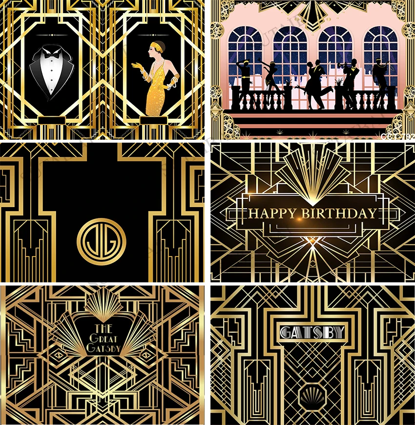 Great Gastby Photography Backdrop 1920s Black and Gold Background Retro Gatsby Birthday Backdrop Children Party Props