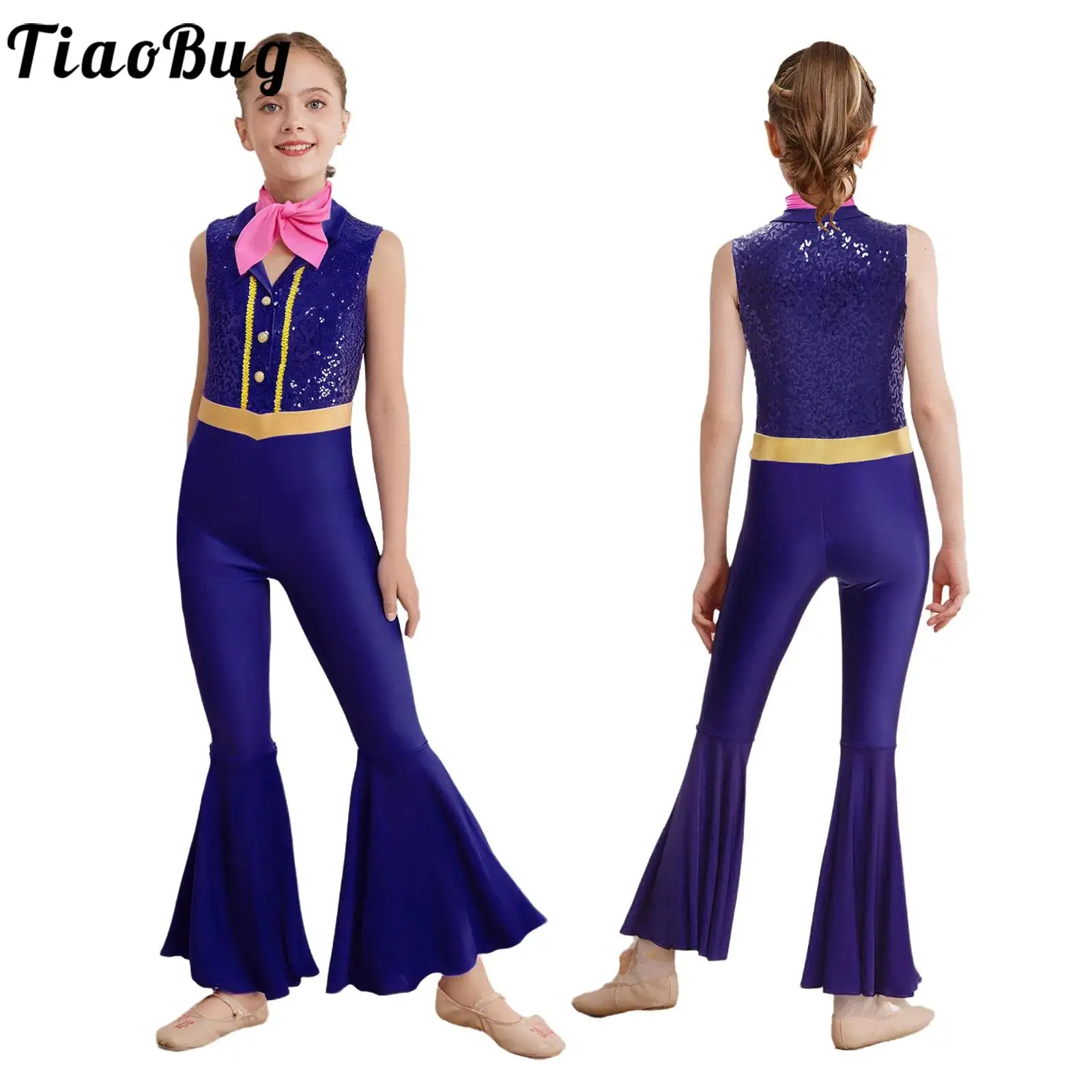 

Kids Girls 60s 70s Disco Shiny Sequins Jumpsuit Sleeveless Lapel Collar Sleeveless Bell-Bottom Full Body Bodysuits with Scarfs
