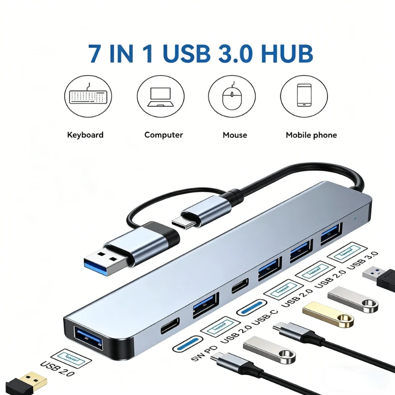 7/8Port USB C Hub Expander Multiport Adapter TypeC Splitter Dock USB3.0 Port for Xiaomi Phone Tablet Fast Data Transfer Charging
