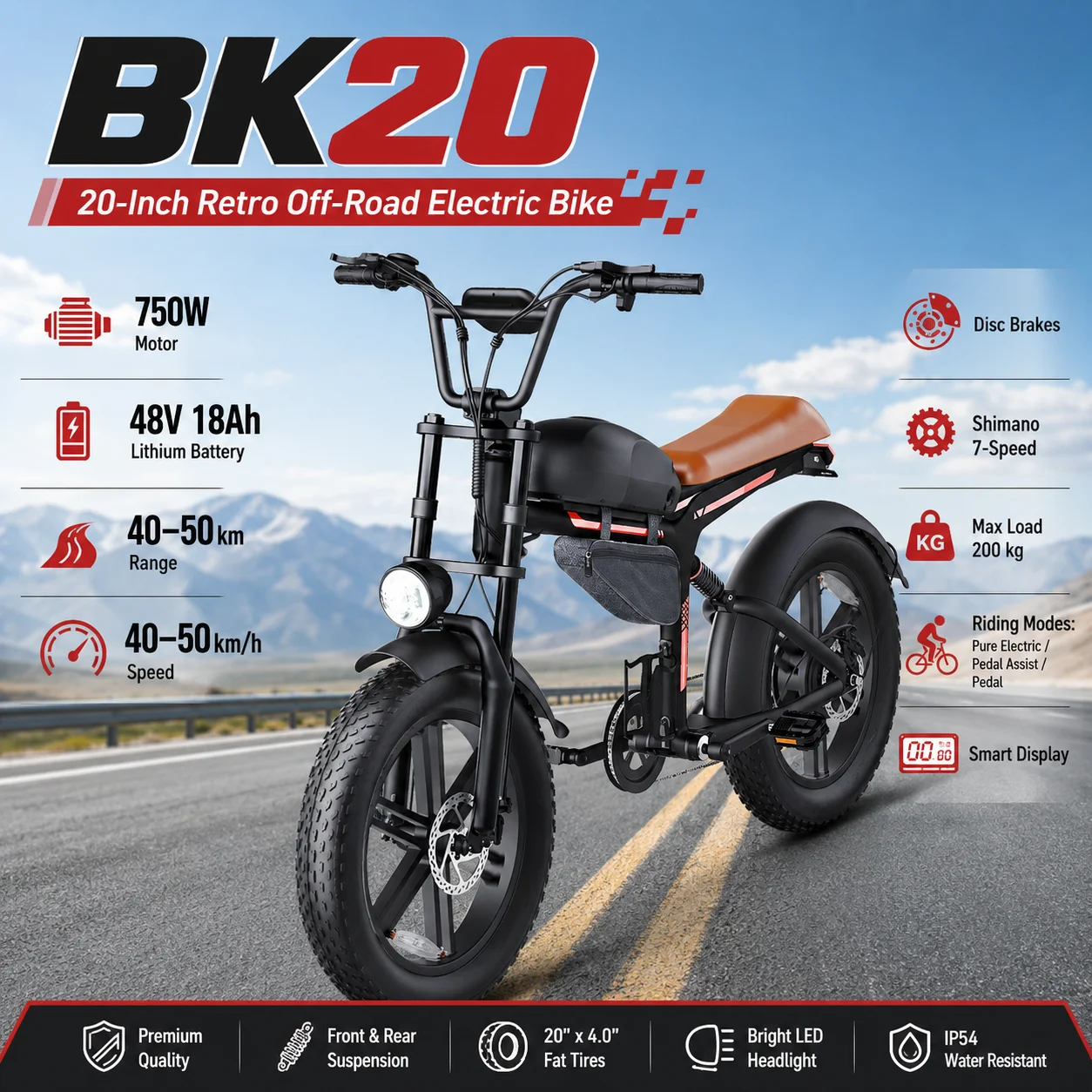 

BK20 20-Inch Fat Tire Electric Bike 750W Motor 48V 18Ah Lithium Battery E Bike Disc Brake Bike Electric for Outdoor Adventure