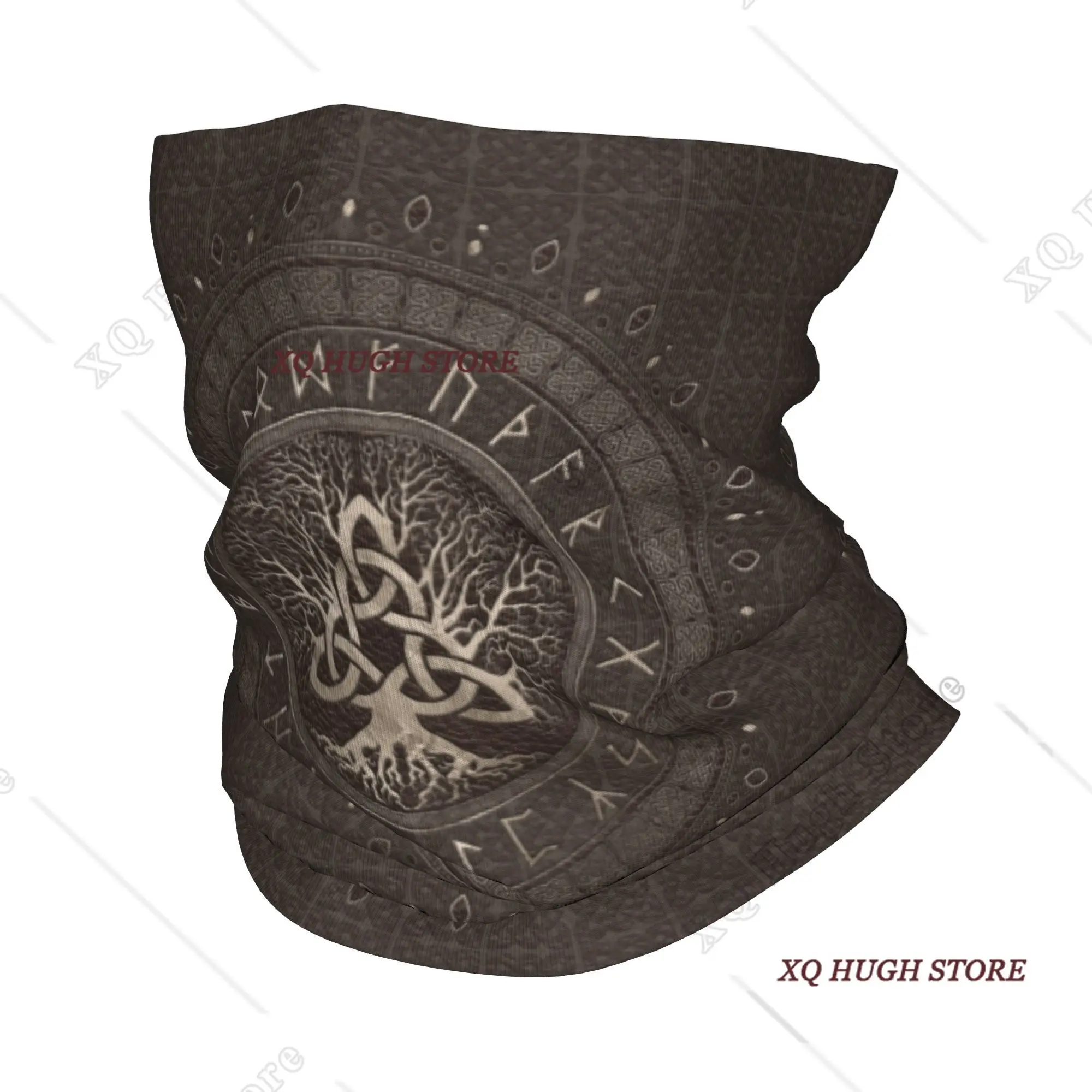 Tree of Life with Triquetra Brown Leather and Gold Headband Neck Warmer Tube Scarf Viking Norse Yggdrasil Face Bandana Gaiter
