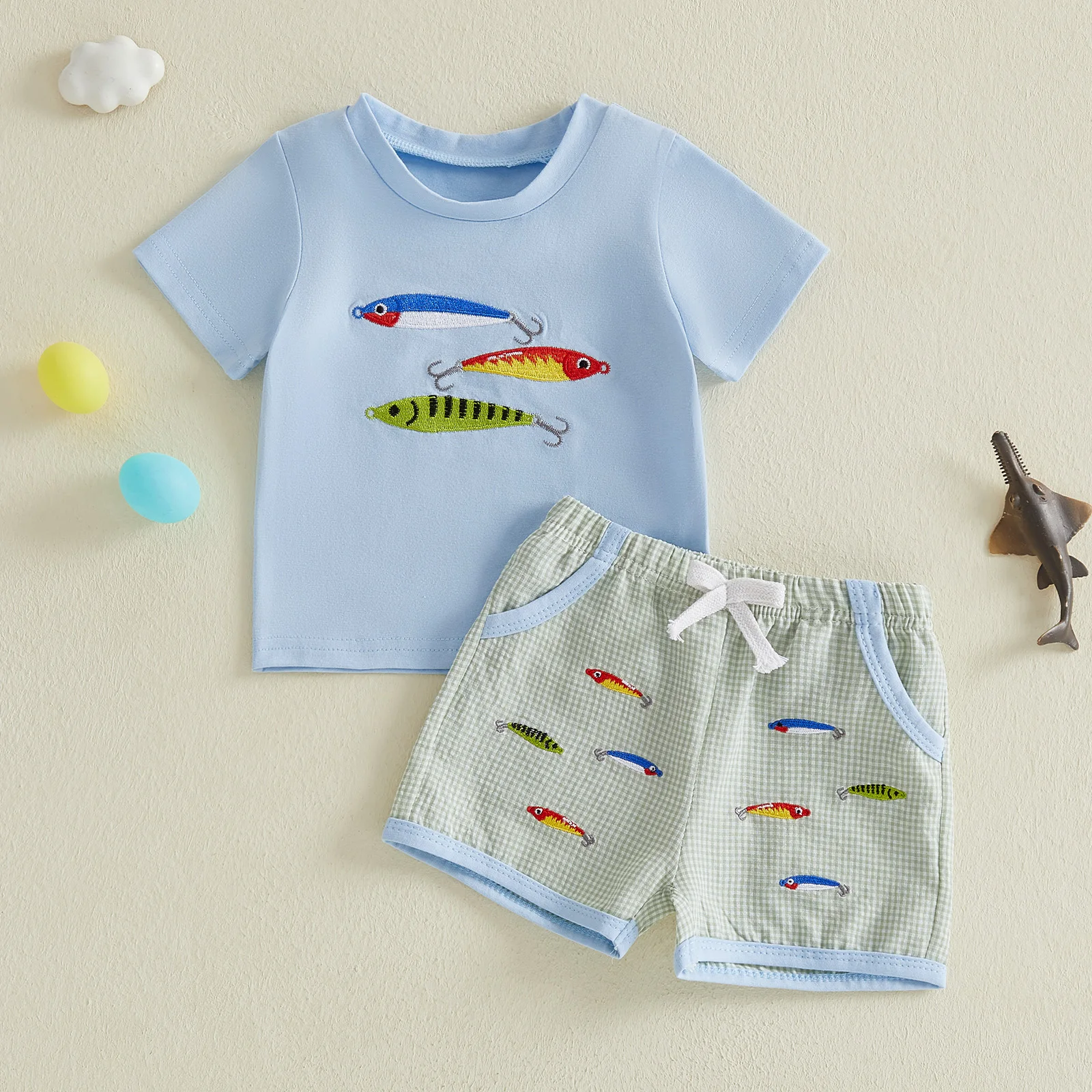 Summer Toddler Baby Boys Shorts Sets Short Sleeve Fish Embroidery Tops Plaid Drawstring Shorts Clothes