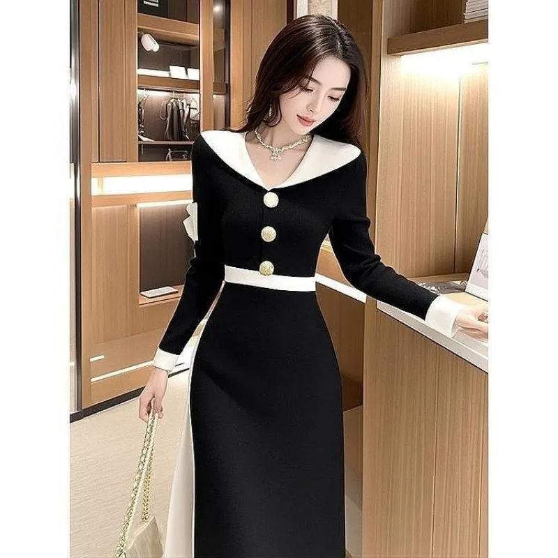 Women Clothes Spring Autumn Fashion Korean Button Color Blocking Dresses Ladies All-match Temperament Appear Thin Knitted Dress