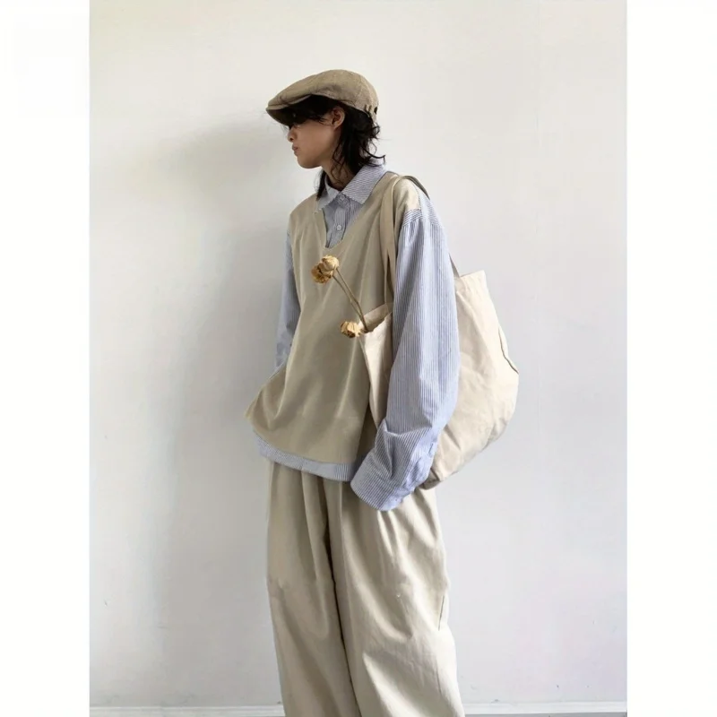 

Ретро-рубашка в стиле пэчворк с длинными рукавами, повседневная многослойная одежда для мужчин и женщин, свободный крой в полоску, осенняя мода