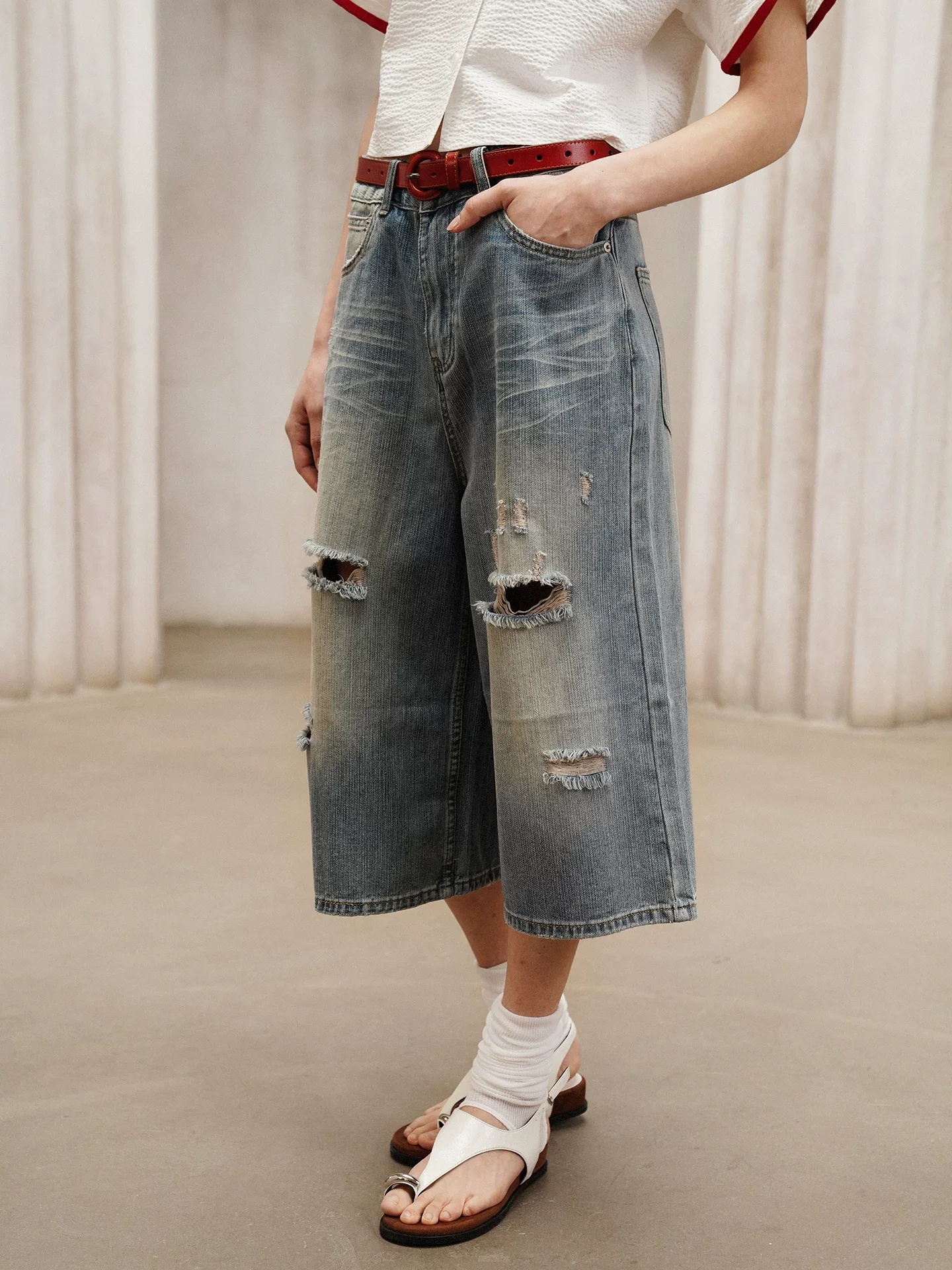 

Women's Wide Leg Cropped Jeans Summer Ripped Pants Casual High Waist Trousers