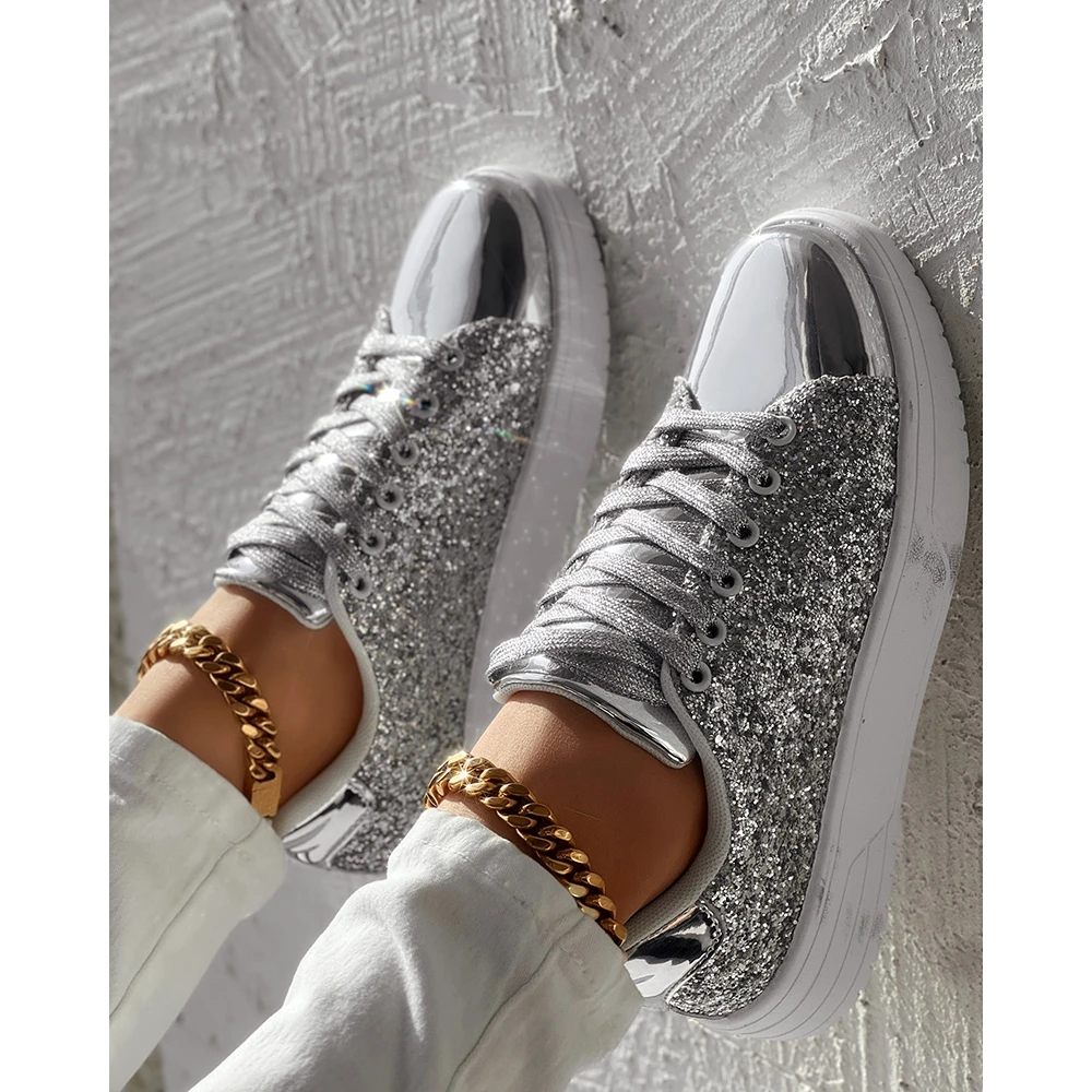 Fashion Women Sequin Decor Flats Sneakers Eyelet Lace-up Espadrille Women Shoes Femme Round Toe Casual Going Out Sports Shoes