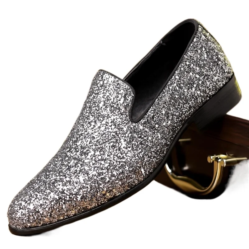 

Модельер без шнуровки на плоской подошве, мужская обувь высокого качества для официальных вечеринок, новые роскошные лоферы, свадебные туфли с блестками золотого, серебряного цвета