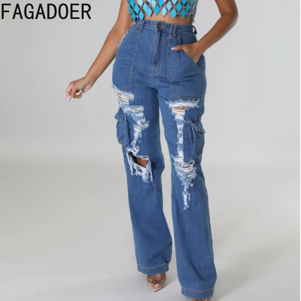 FAGADOER Blue Fashion Denim Hole Straight Pants Women High Waist Button Pocket Loose Jean Trousers Casual Female Cowboy Bottoms