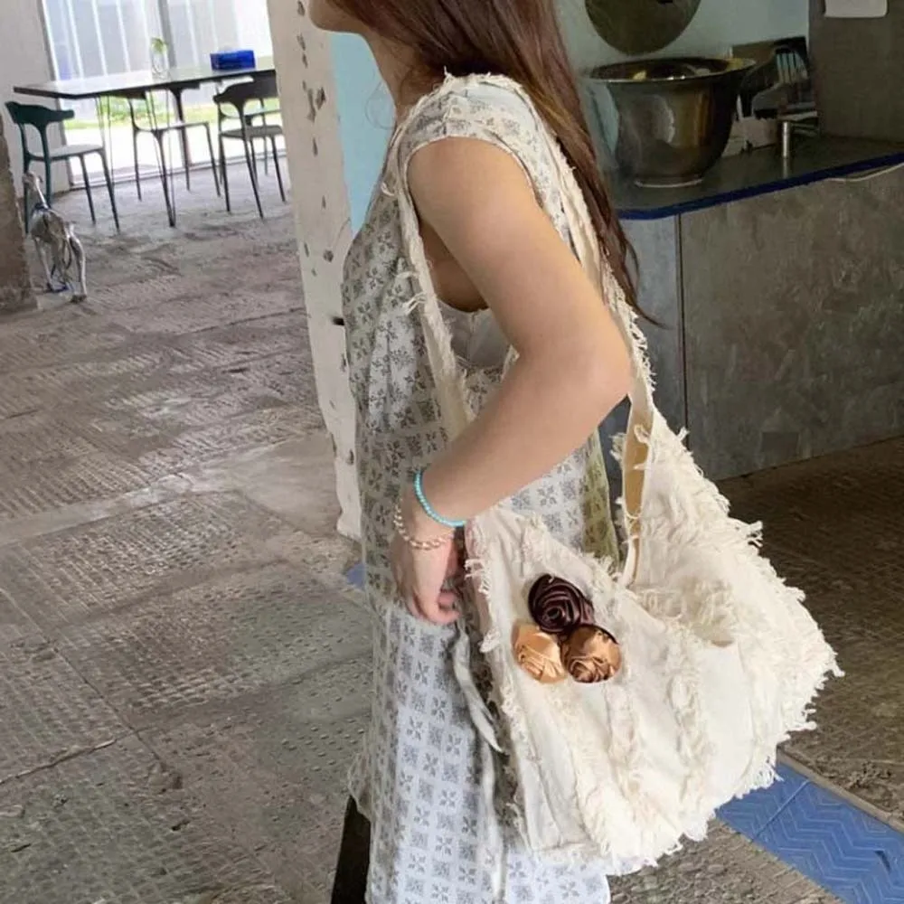 

Large Capacity Linen Jacquard Tote Bag Korean Style Lightweight Bag Decorated with Roses Solid Color Polyester Flax Raw Edge Bag