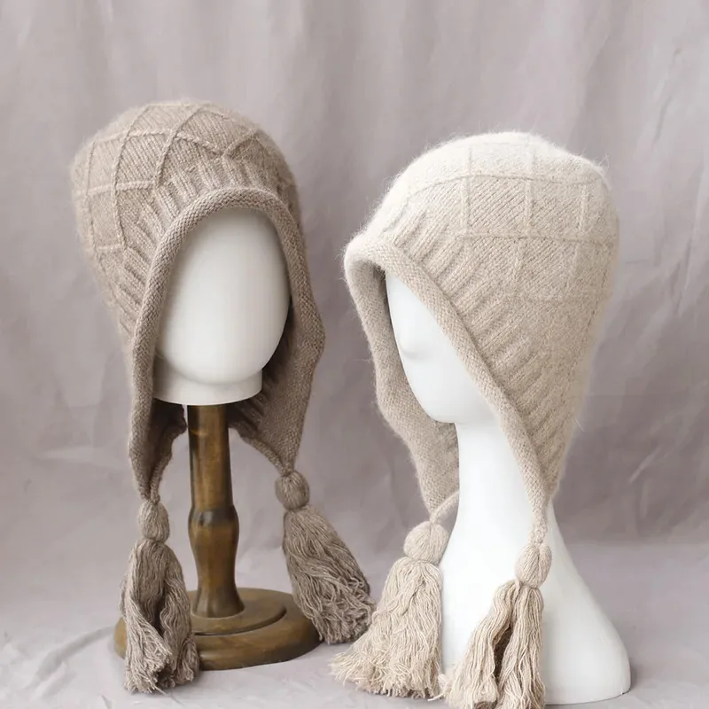 New Women Winter Hat Streetwear Rabbit Fur Blend Warm Cap Fashion Decorate Beanie Hat For Female Casual Knitted Hat