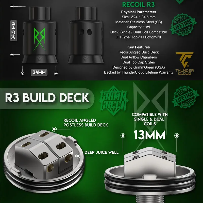 Neuester ThunderCloud X GRIMM GREEN Recoil R3 RDA-Tank 24 mm Recoil Angled Postless Build Deck 510-Gewinde BF Pin Vape Zerstäuber