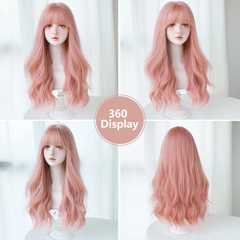 NAMM Long Wavy Curly Wigs Synthetic Sakura Pink Wig With Bangs Cosplay Daily Party Wig for Women Heat Resistant Hair Lolita Wigs