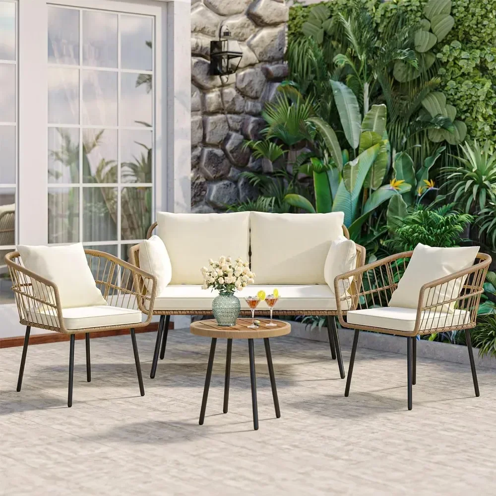 XMSJ Outdoor Sofa Set 4 with Loveseat Chairs Table Soft Cushions, Outdoor All-Weather Rattan Conversation Set