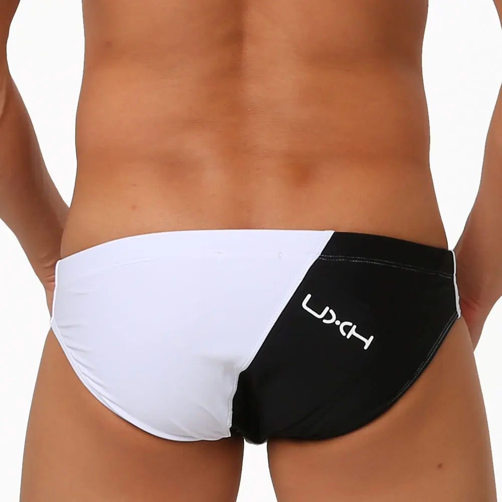 Men\'s Swim Briefs White Black Patch Back Pockets Swimming Short Bikini Beach Pants Swimsuit Swimwear Sexy Male Suilt Surfing