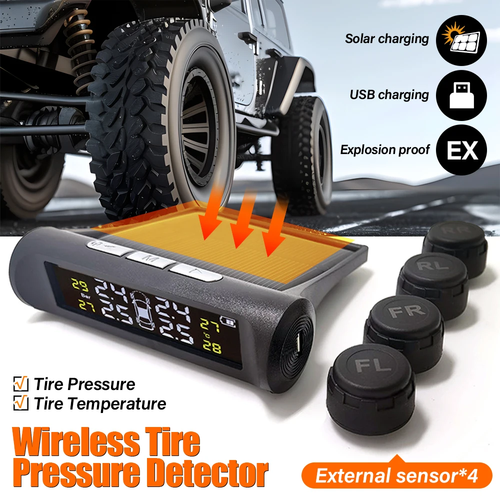 

TPMS Auto High-Precision Tire Pressure Monitor System Solar Wireless Intelligent Tire Pressure Sensor Thermometer