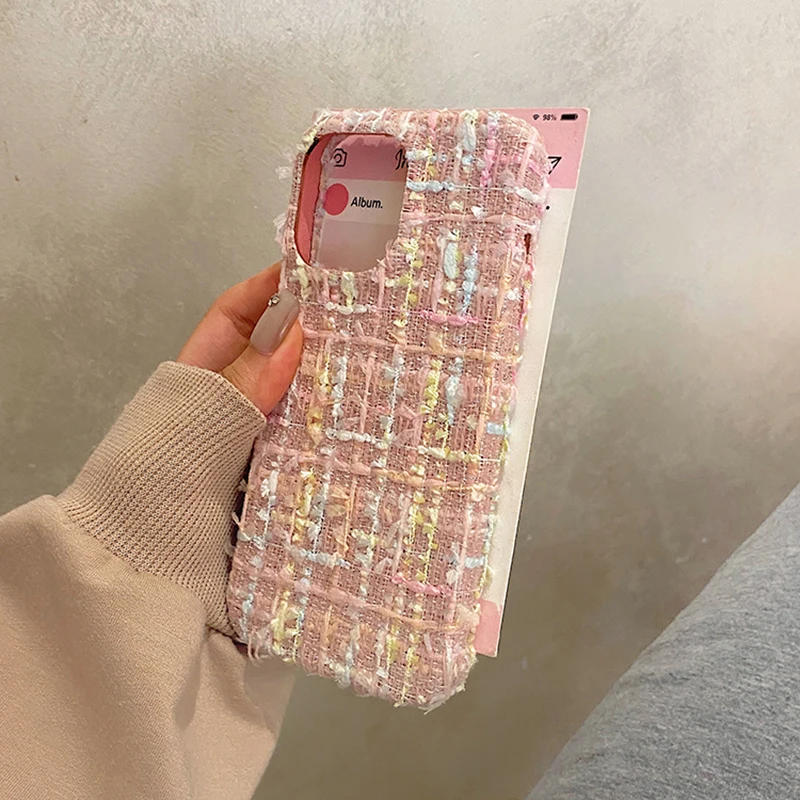 Fashion Pink Plush Weave Texture Bowknot Case For iPhone 16 Pro Max 15 13 14 12 Soft Fabric Phone Back Cover