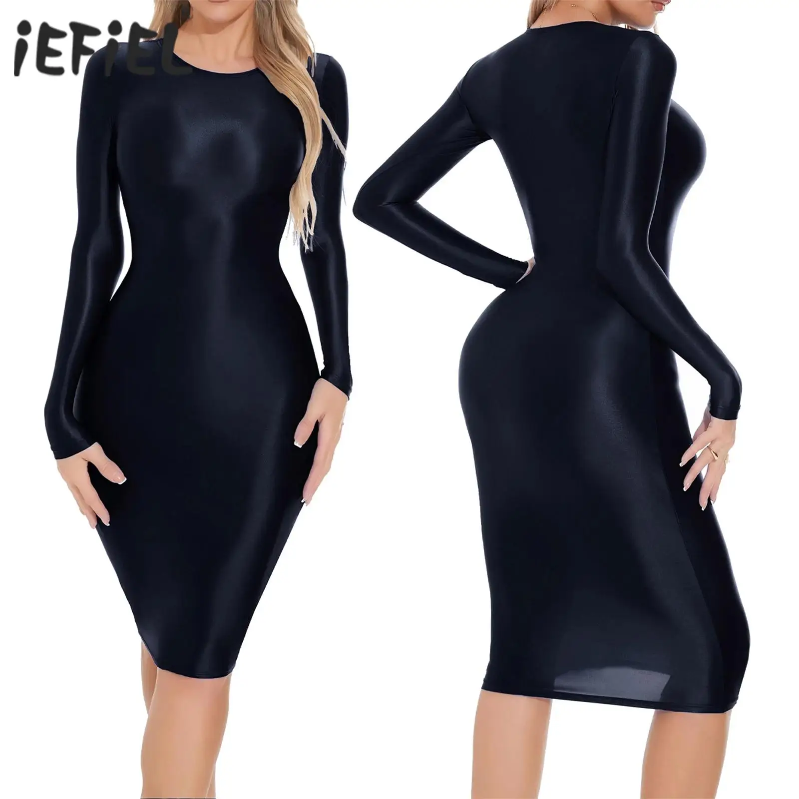 Womens Oil-shiny Bodycon Dress Long Sleeve Hip Wrap Sleep Dress Sexy Nightwear for Clubwear Performance Cocktail Party Costume