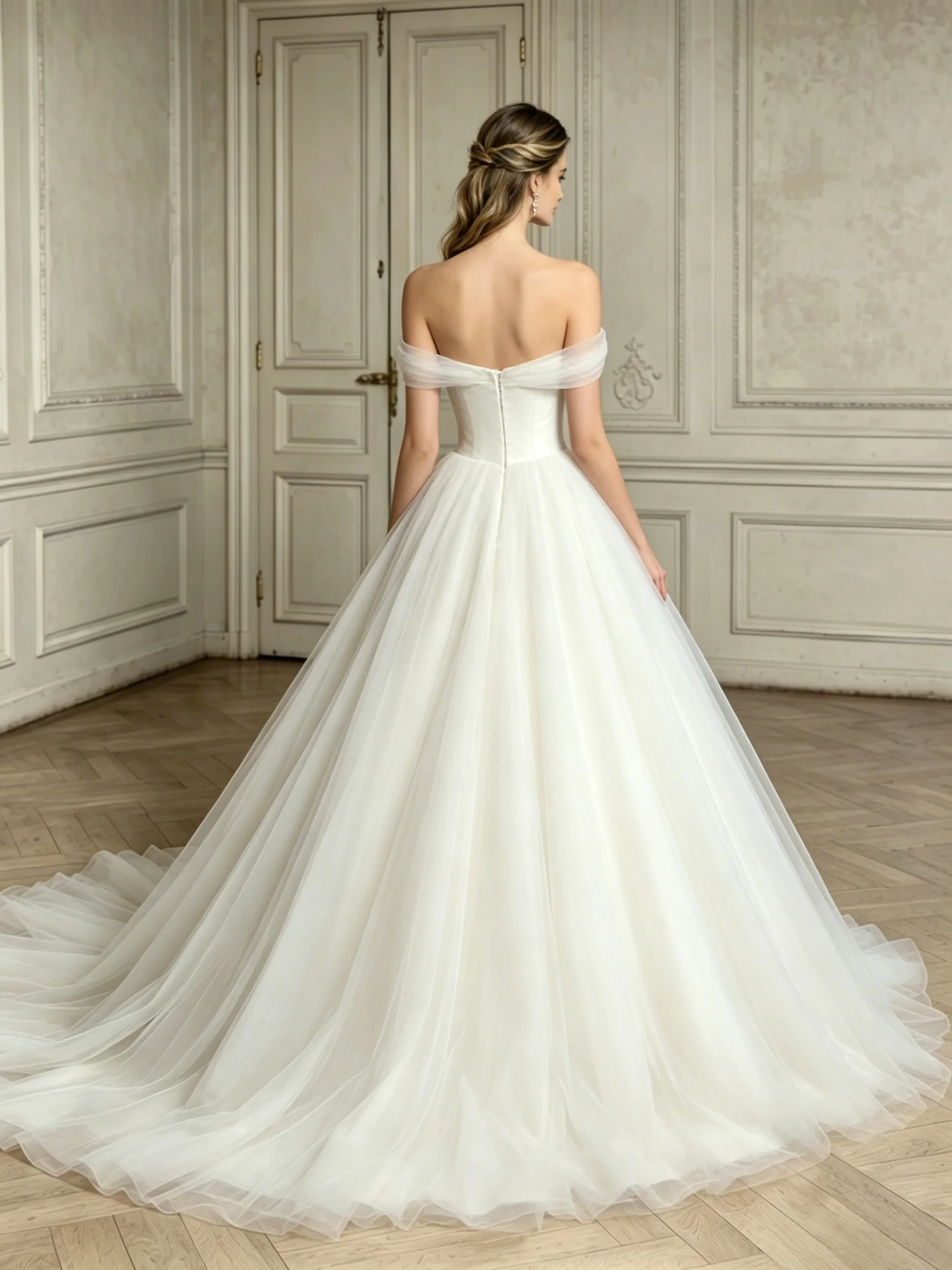 Women Elegant Off Shoulder Tulle Bridal Gown Simple A Line Wedding Dress Floor Length with Sheer Tulle Sleeves for Bride