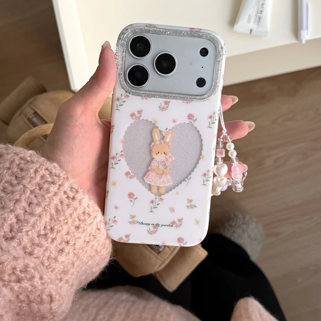 

Korean Cute Pink sweet Flower Rabbit Bracelet Phone Case For iPhone 17 Pro Max 16 15 14 13 Pro Max Plus Shockproof Cover