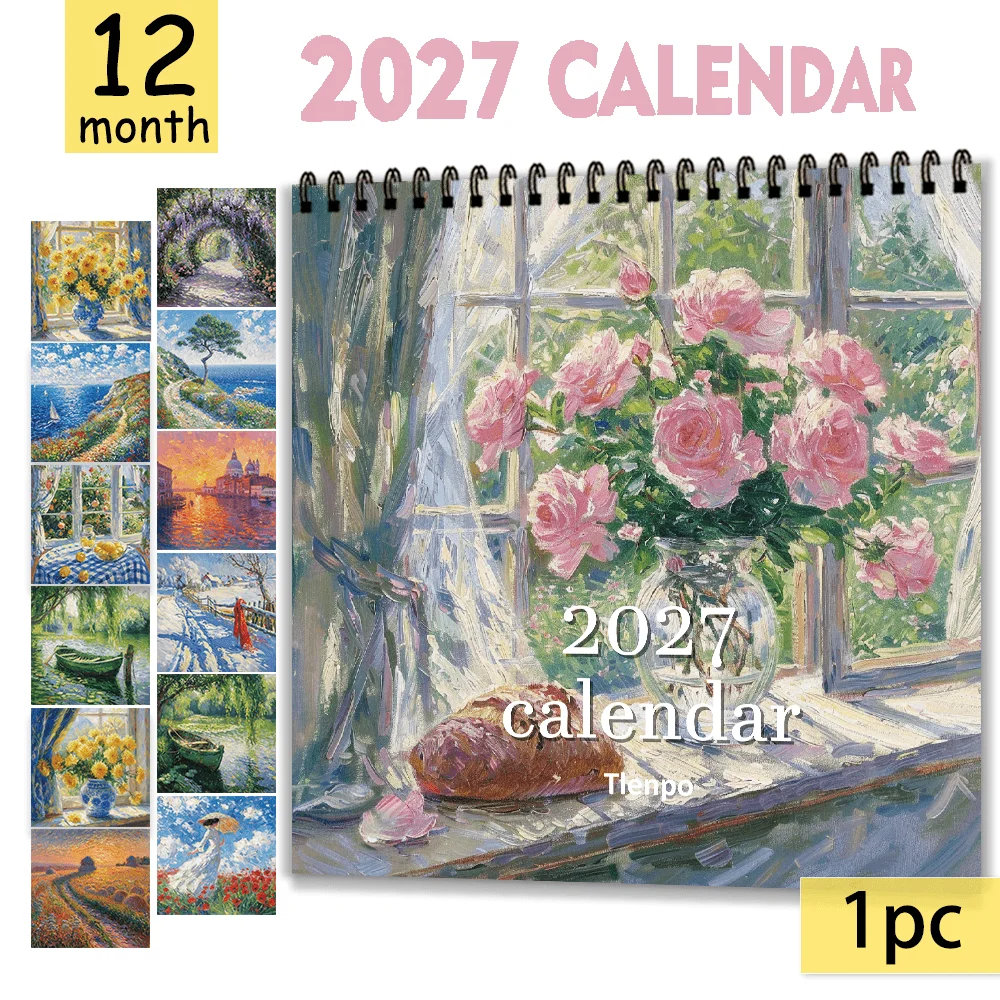 1pc 2027 Scenery & Flowers Wall Calendar,12‑Month Planner,Gift For Back‑to‑School,Christmas,,New Year,Free Stickers Included