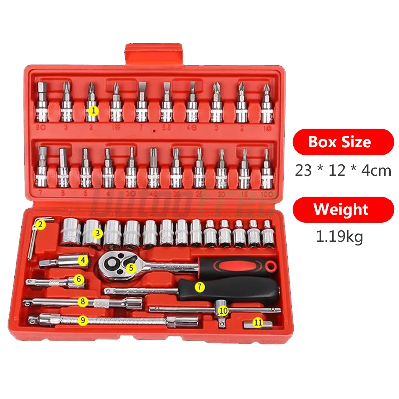 46PCS Wrench Socket Set 1/4 inch Ratchet Wrench Sockets Metric Hex Socket Hardware Car Boat Motorcycle Bicycle Repairing Tool