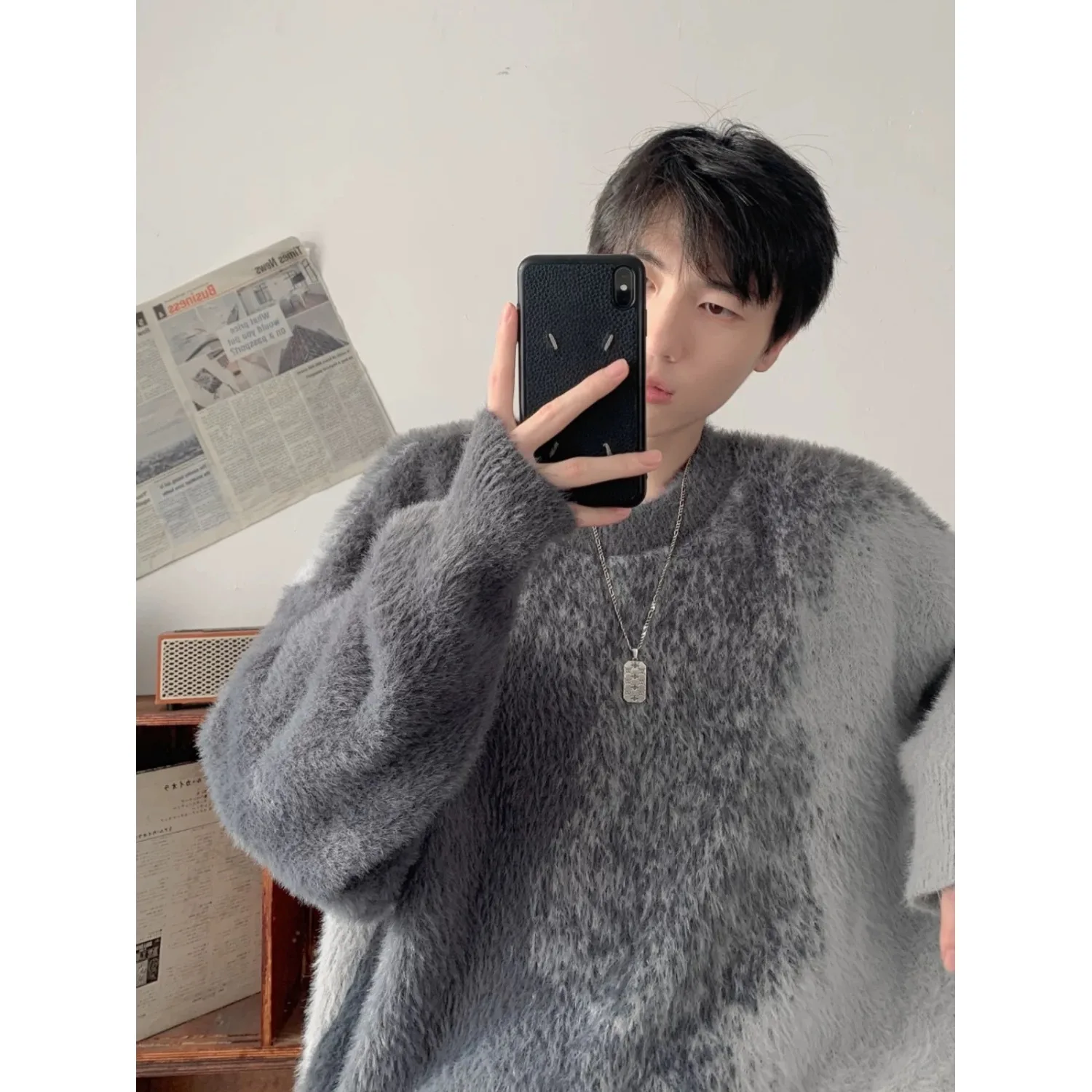 Gradient Lazy High-End Sweater Men's Autumn/Winter Fake Fur Fashion Knitwear Men's Sweater Jacket Fuzzy Sweater