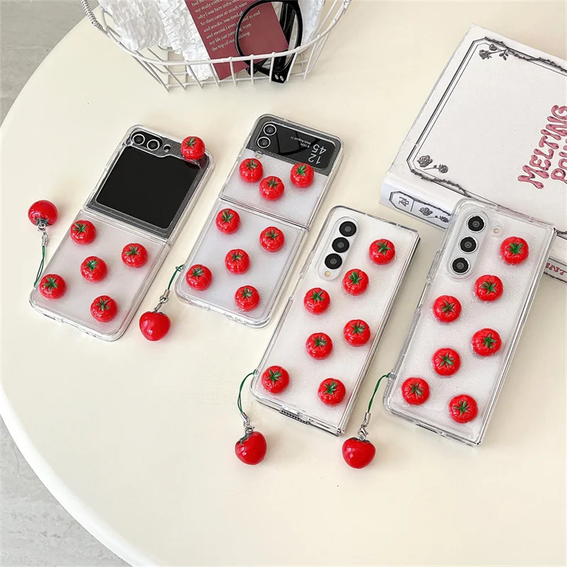 3D Cute Funny Heinz Tomato Luxury Bling Glitter Clear Flip Phone Case For Samsung Z Flip 5 6 Z Fold 3 4 5 6 Y2k Tomato Pendant