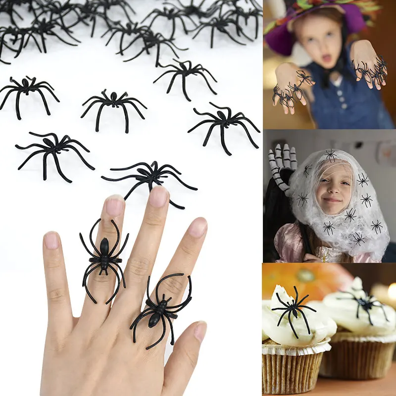 20/50pcs Halloween Mini Plastic Black Spiders Joking Birthday Toys Spider Ring For Kids Gift Halloween Party Decor Tricky Props