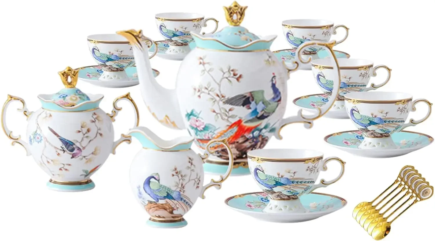 

China Tea Set, Teacups & Saucers 21 Piece Bone China Coffee Tea Set, 6 Vintage English Porcelain Blue Tea Set with Teapot