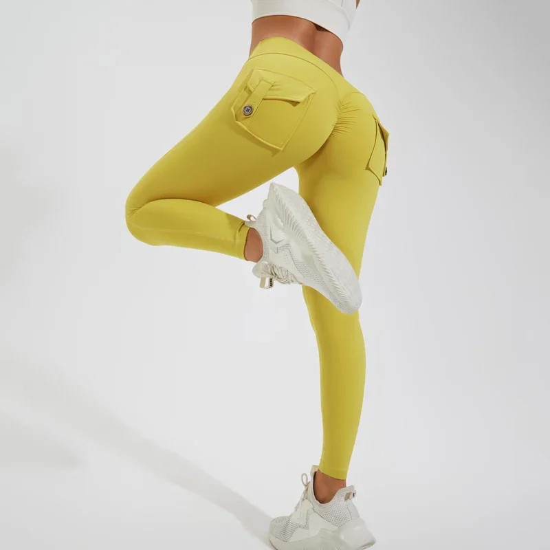 

Nylon Yoga pants buttocks pocket tight pants women's sports fitness pants hip lifting Breathable No T Line